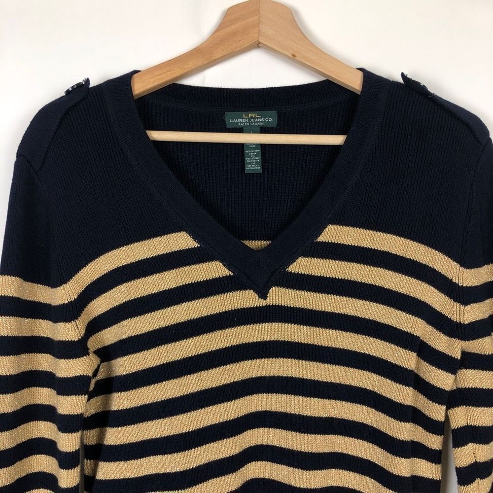 Lauren Ralph Lauren Navy and Tan Striped V-Neck Sweater - Picture 2 of 9